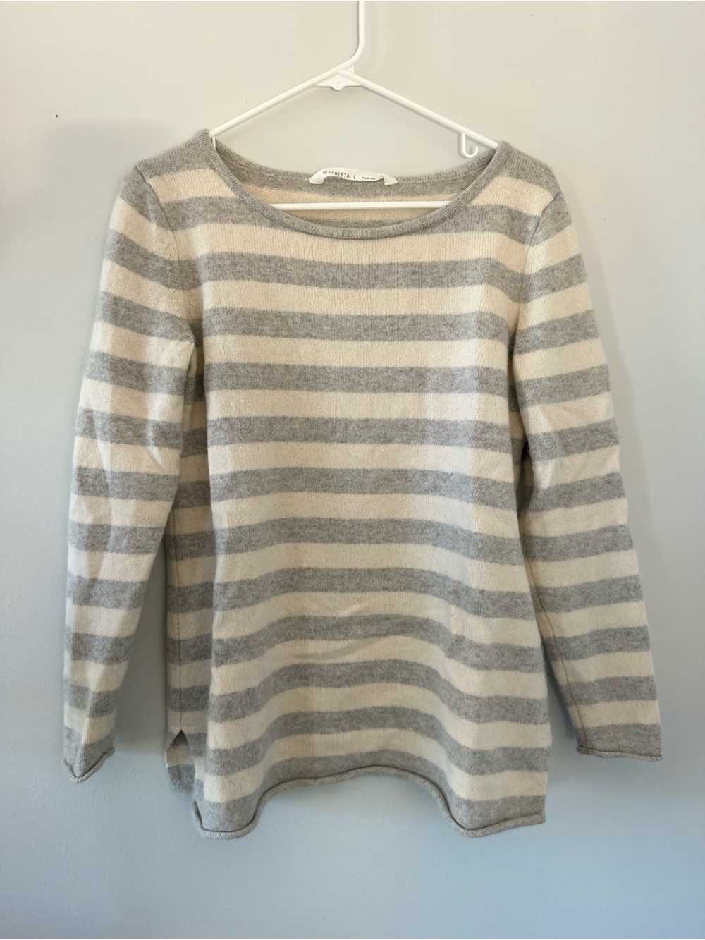Athleta Gray and Cream Striped Knit Sweater